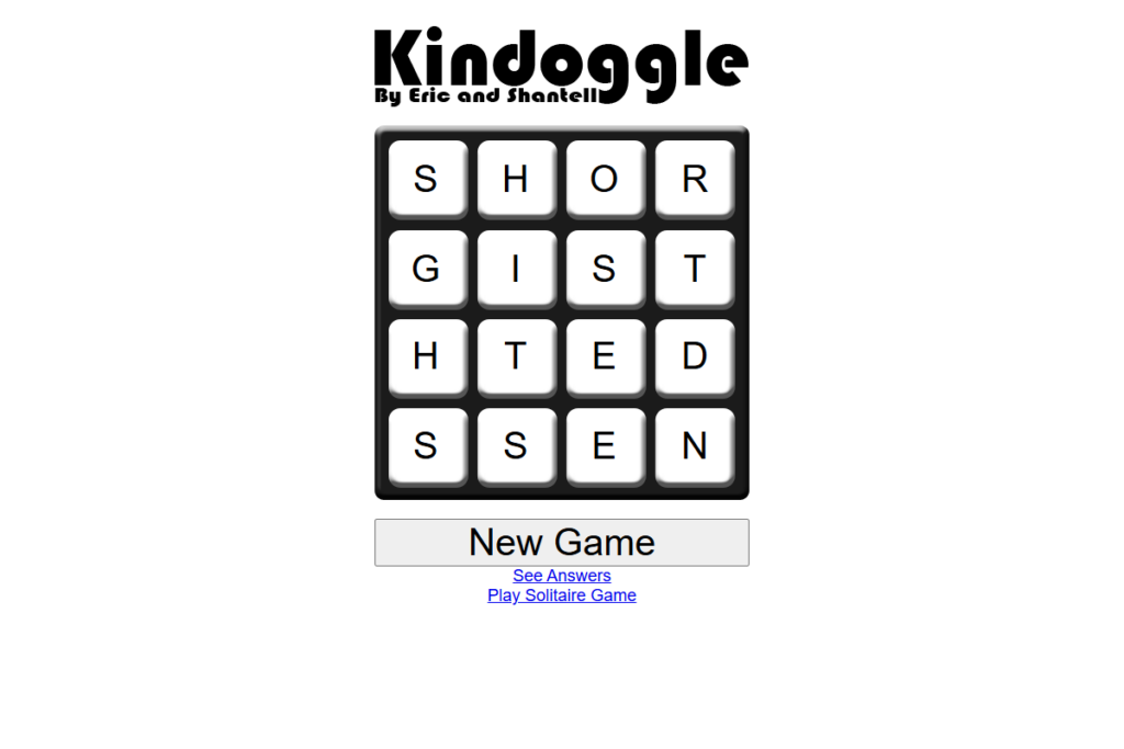Kindoggle's large four-by-four letter board and New Game button, designed for the Kindle browser.