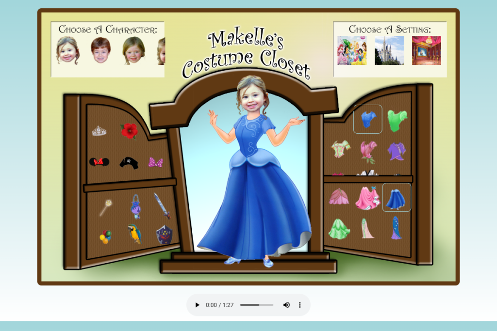 Makelle's Costume Closet showing the layered character, wardrobe choices, and illustrated room.