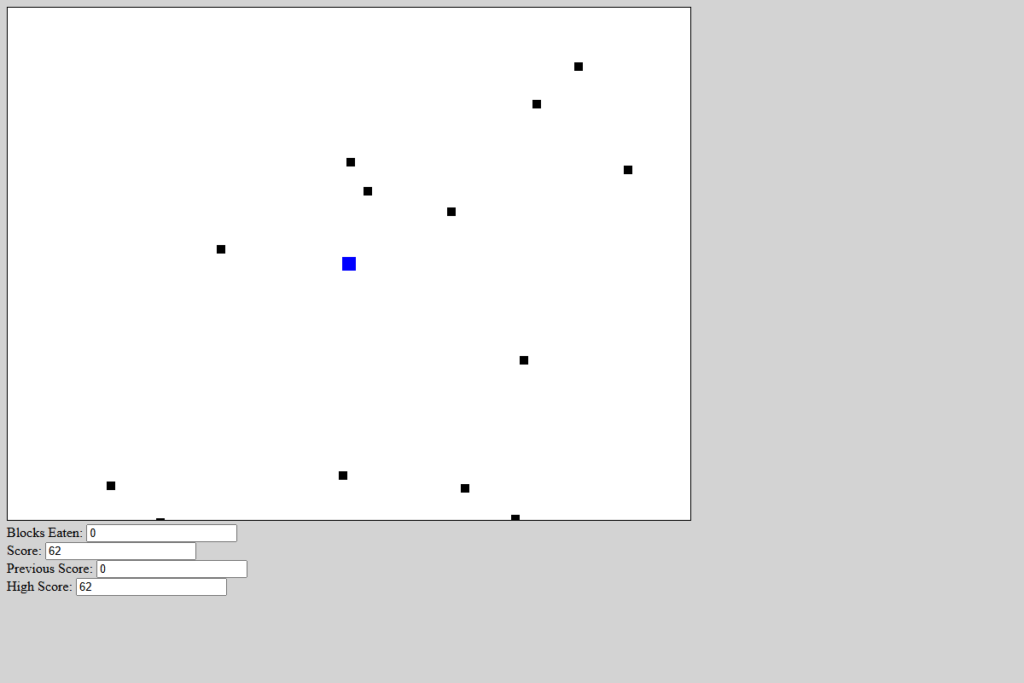 Canvas Dodge with the blue player square, moving black blocks, and score fields.