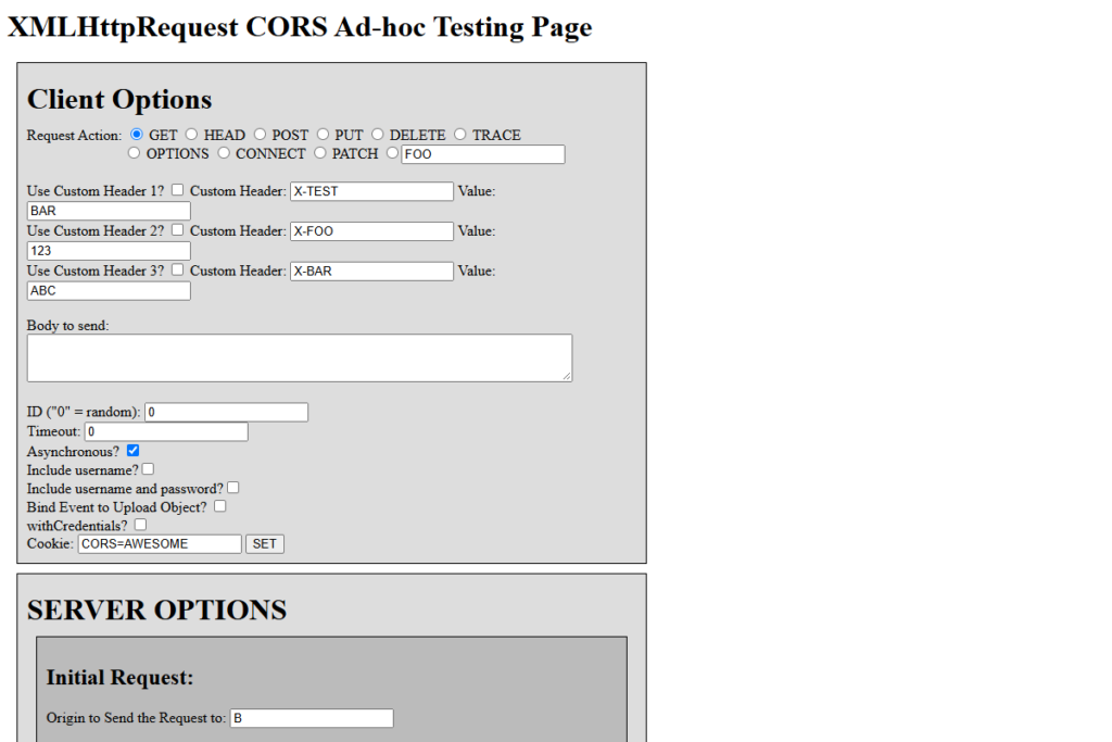 The XMLHttpRequest CORS testing page with configurable client and server header options.