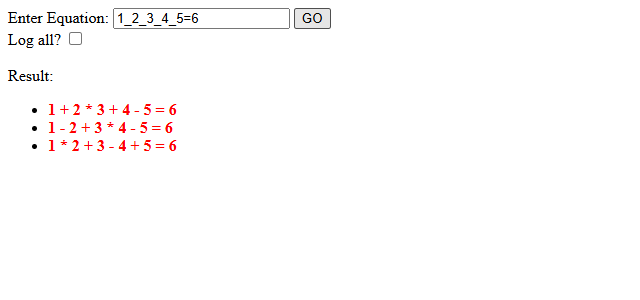 The equation solver displaying three operator combinations that make 1_2_3_4_5 equal 6.