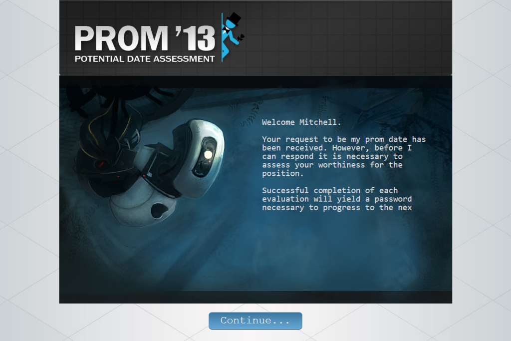 The Portal-themed prom assessment introduction, with its typed instructions and Continue button.