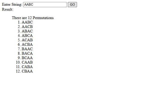 The updated permutations page showing the twelve distinct arrangements of AABC.