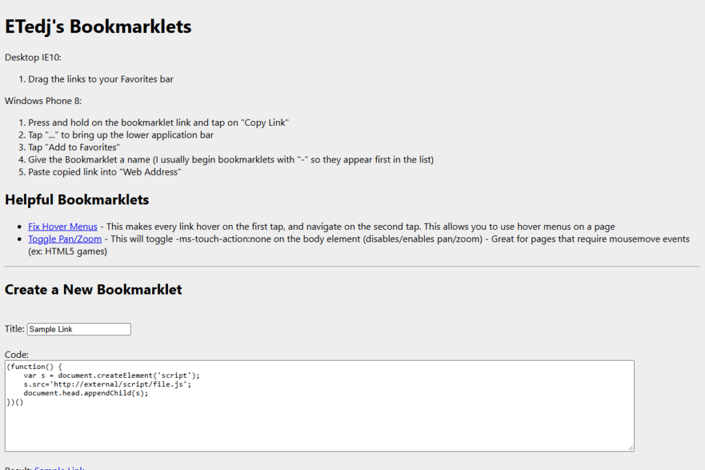 The bookmarklet maker with its script input, generated-link area, and IE10 and Windows Phone instructions.