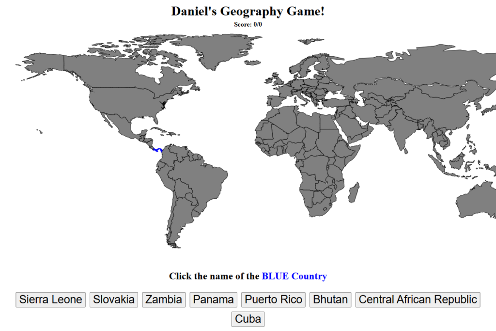 Daniel's Geography Game with an SVG world map, a blue target country, and eight answer buttons.