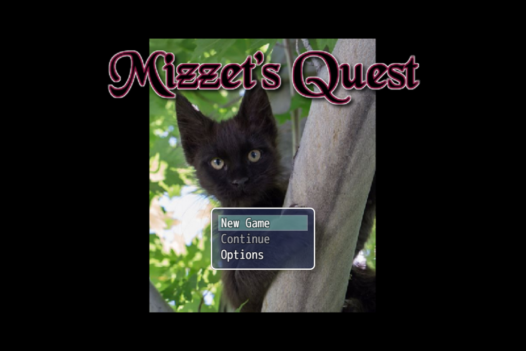 The actual browser title screen of Mizzet's Quest, featuring the family cat and its New Game menu.