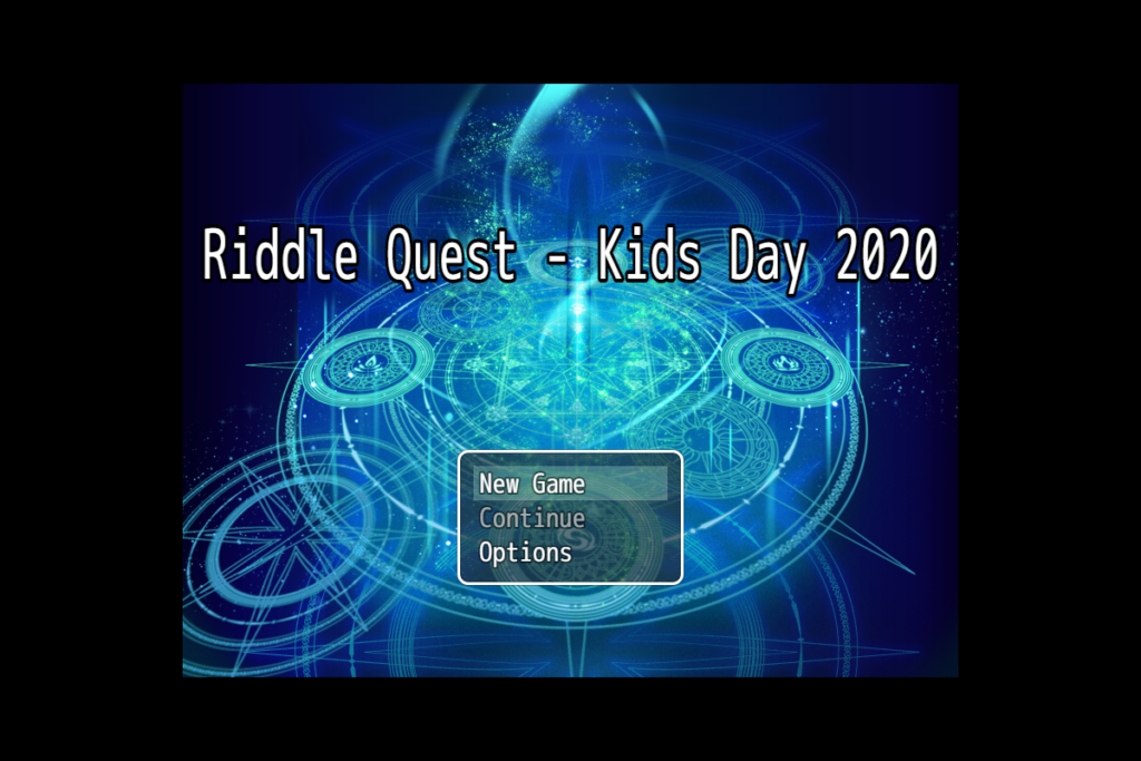 The actual browser title screen for Riddle Quest - Kids Day 2020.