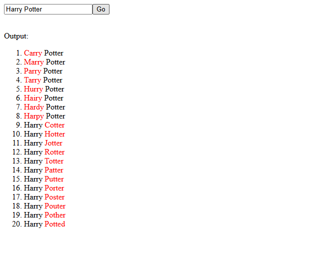 The book-title tool showing one-letter dictionary substitutions for Harry Potter, with the changed words in red.