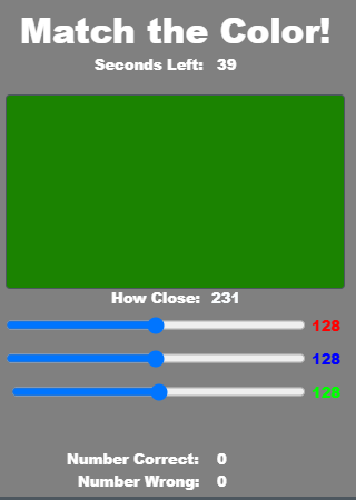 RGB sliders and a target color in Rebecca's matching game.