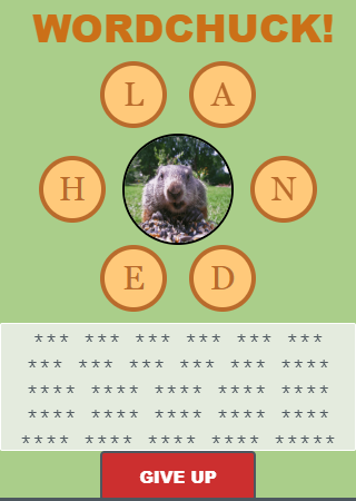 Wordchuck's six letter buttons and hidden word list.