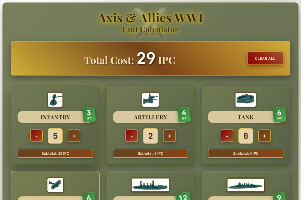 Axis & Allies WWI calculator showing five infantry, two artillery, and one fighter for 29 IPC.